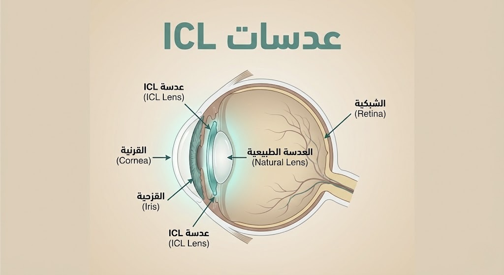 رسم توضيحي لموقع عدسة ICL داخل العين - خلف القزحية وأمام العدسة الطبيعية